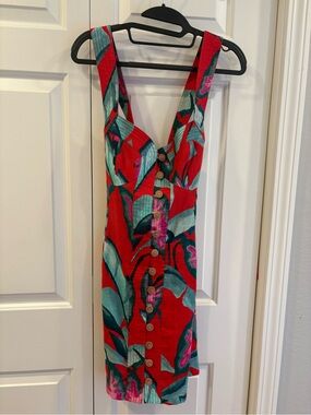 FARM Rio Red Tropical Button-Front Mini Dress with Teal Leaves